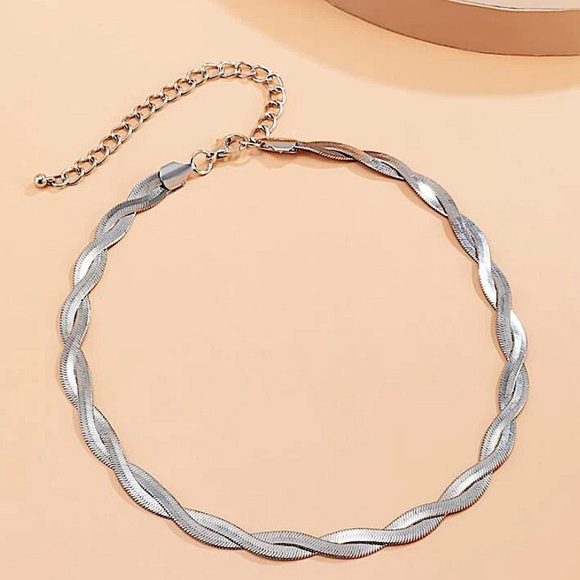 Twisted Braided Sterling Silver Herringbone Flat Snake Choker Necklace - Picture 10 of 10